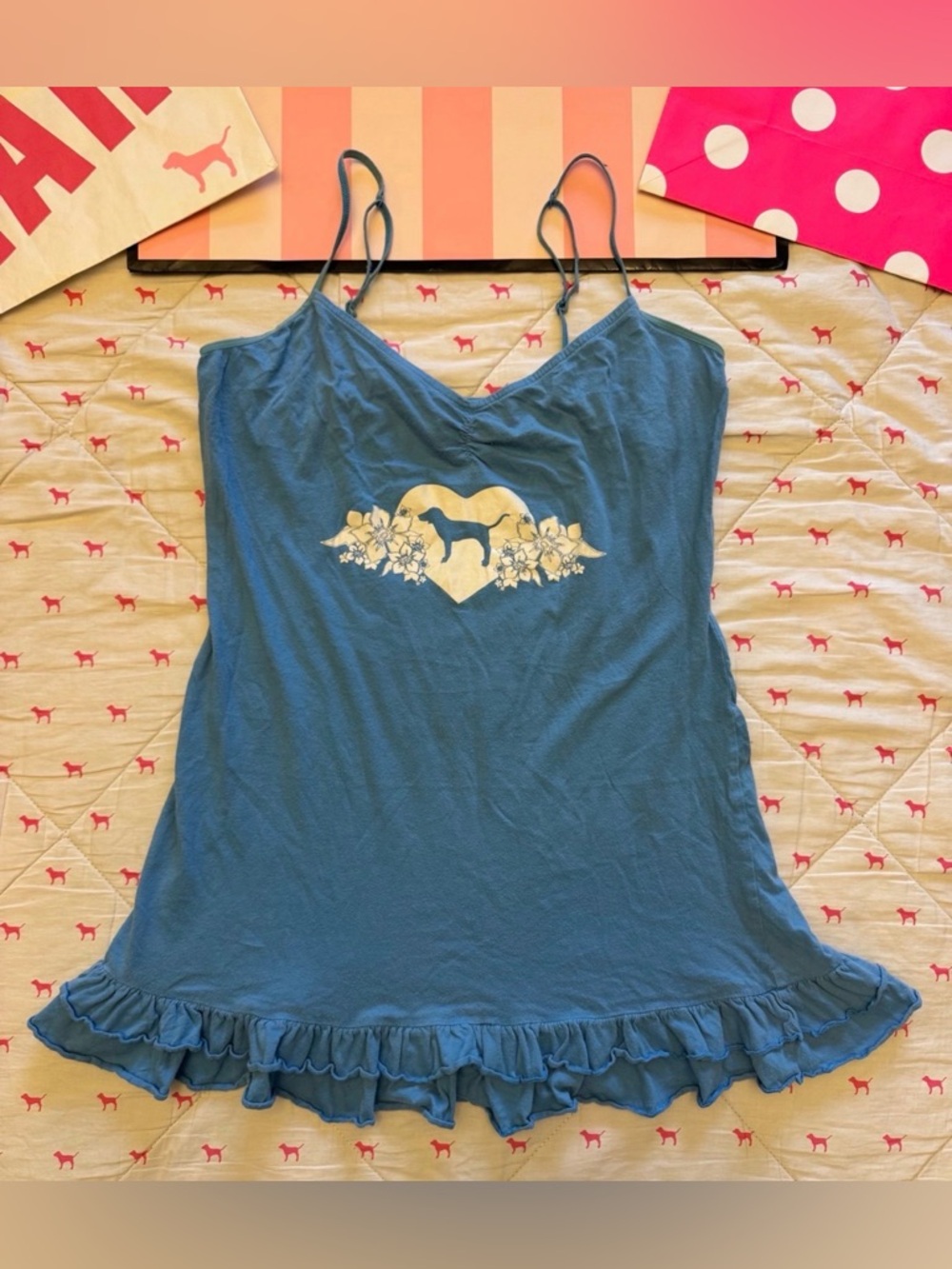 VS PINK VINTAGE Y2K BABYDOLL CAMI RUFFLE DRESS TROPICAL FLORAL DOG PUP RARE HTF